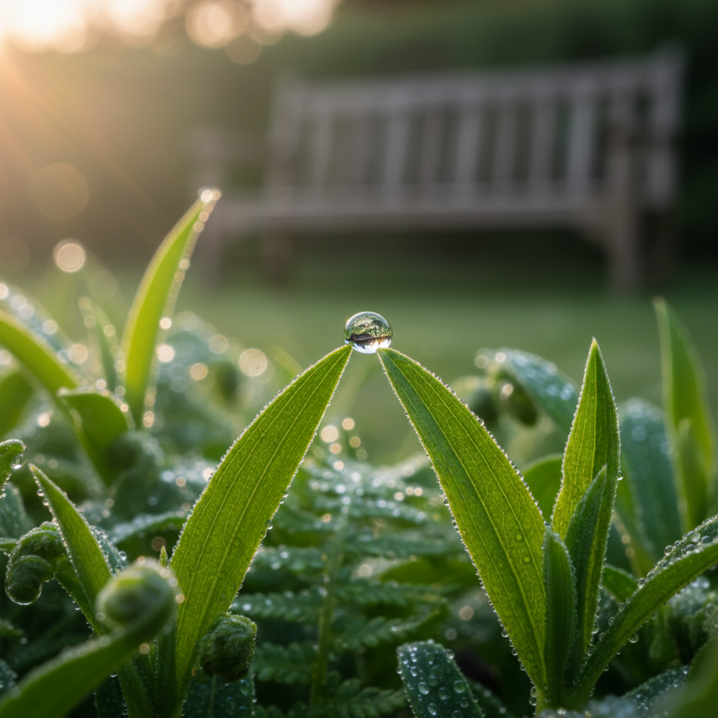 A single dewdrop clings to the tip of an emerald-green leaf, refracted light within the droplet capturing hints of a colorful sunrise. The leaf is nestled among layers of fresh foliage, surrounded by softly blurred drops of moisture and the faint outline of a wooden garden bench in the background. Gentle dawn light bathes the entire scene, creating glowing highlights and bokeh effects that evoke quiet anticipation. Presented in a clean and organic photographic style with a shallow depth of field, the composition invites viewers into a peaceful, introspective atmosphere, reinforcing the theme of personal growth and new beginnings.